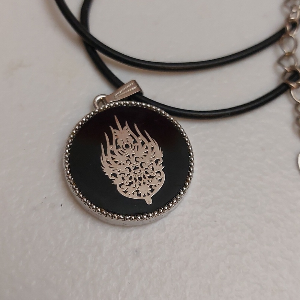 Intricate Symbolic Design Round Enameled Pendant Men's Necklace - Picture 2 of 4